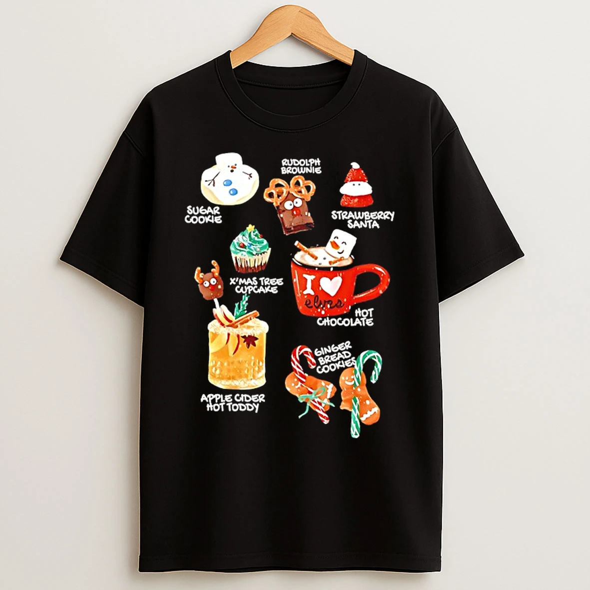 Classic Rudolph Brownie Sugar Cookies Hot Chocolate Strawberry Santa Merry Christmas 2025 T Shirts