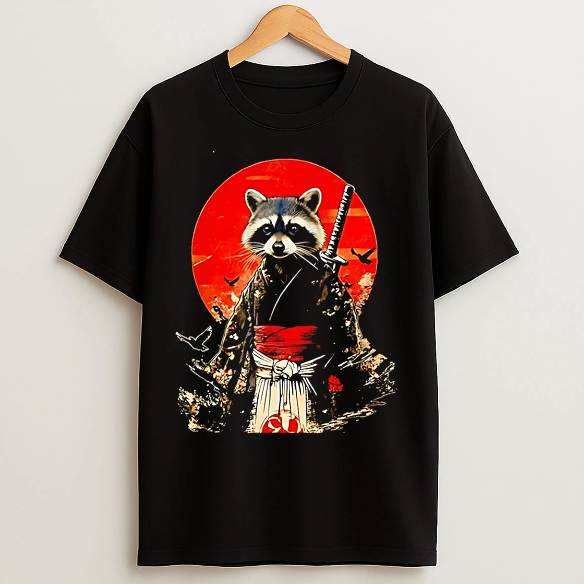 Classic Samurai Raccoon Sun And Flowers Art T Shirts
