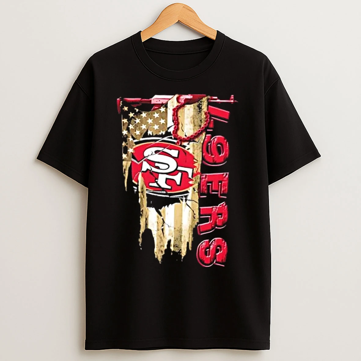 Classic San Francisco 49ers Football Battle Shattered Usa Flag Rip Design T Shirts