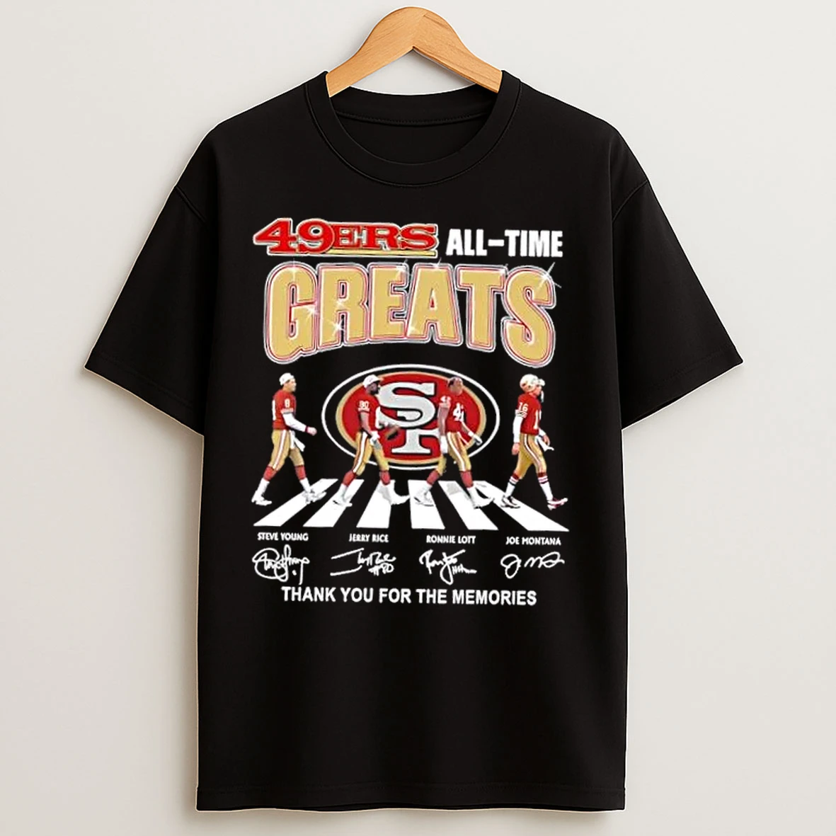 Classic San Francisco 49ers All Time Greats Joe Montana Ronnie Lott Jerry Rice Steve Young Abbey Road Signatures T Shirts