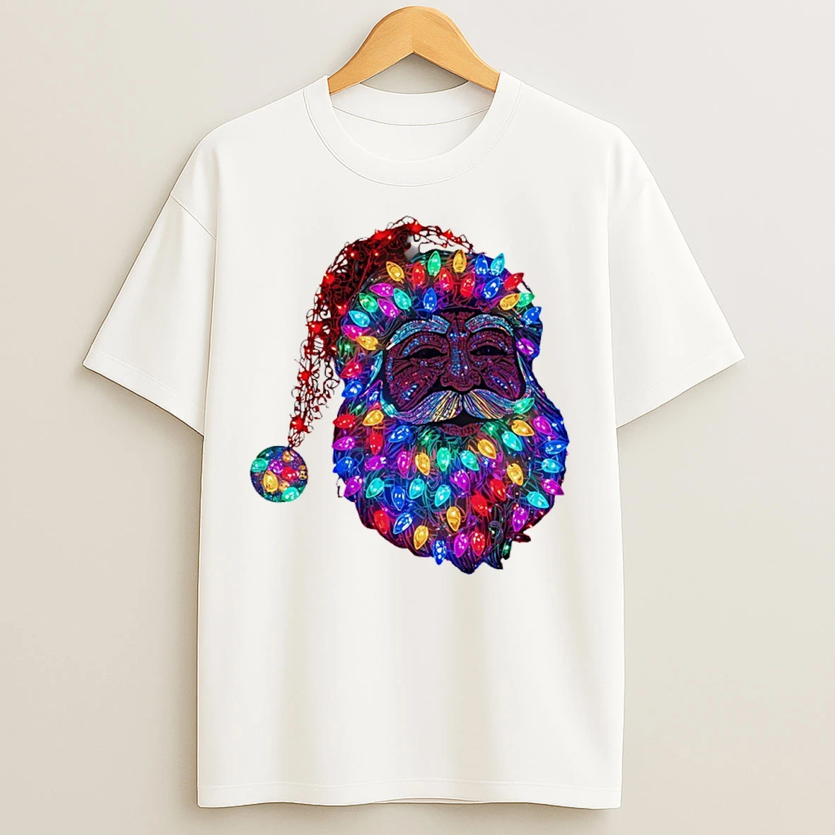 Classic Santa Claus Face Made From Christmas Tree Lights T Shirts