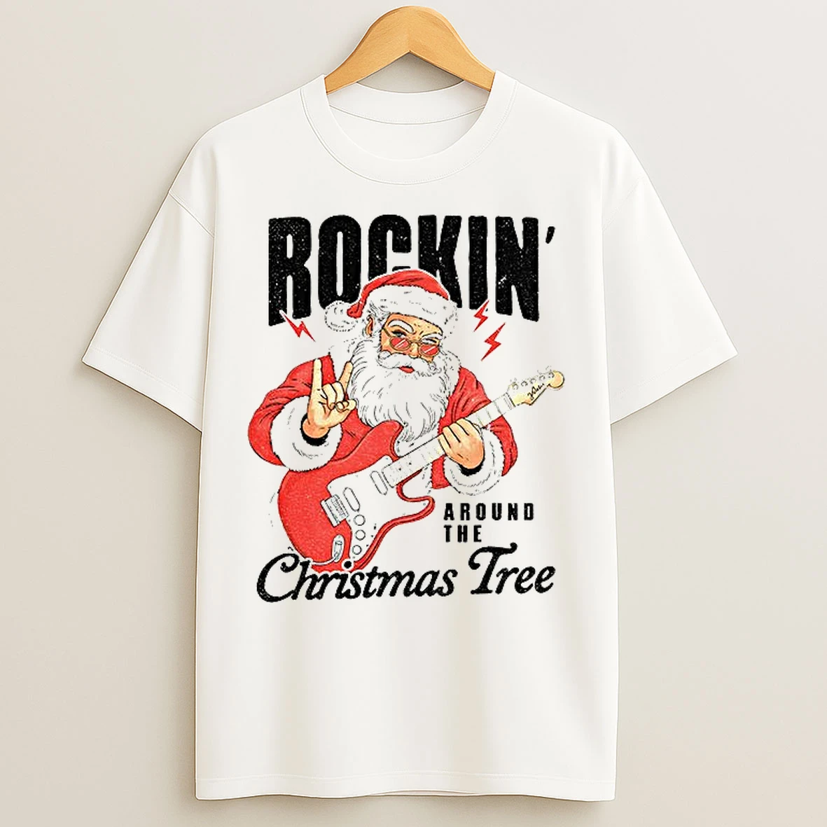 Classic Santa Claus Play Guitar Rockin Around The Christmas Tree Merry Christmas T Shirts