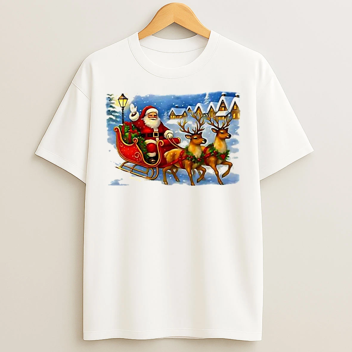 Classic Santa Claus Sleigh Reindeer Merry Christmas T Shirts