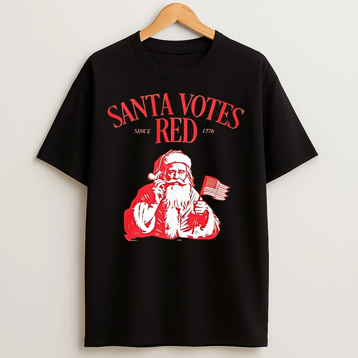 Classic Santa Votes Red Since 1776 Christmas Holding American Flag Retro T Shirts