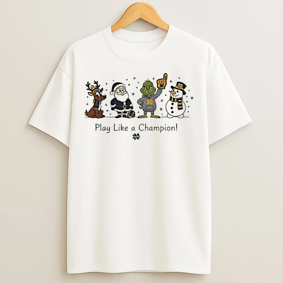 Classic Santa Character Notre Dame Fighting Irish Football Play Like A Champion Christmas T Shirts