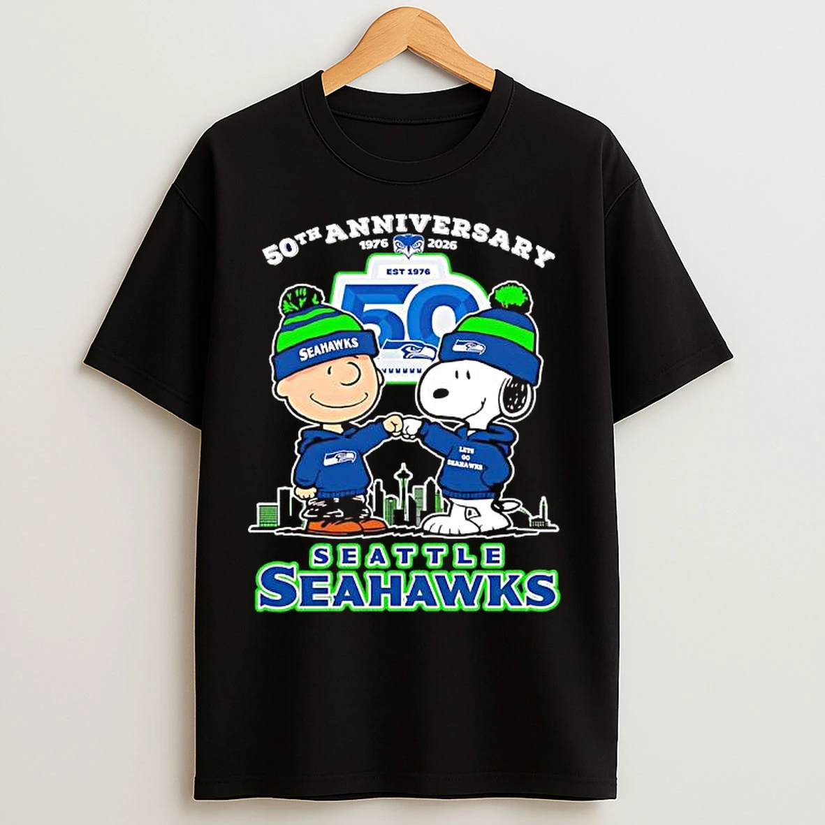 Classic Seattle Seahawks 50th Anniversary 1976 2026 Peanuts Characters T Shirts