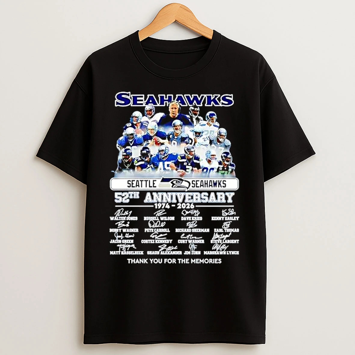 Classic Seattle Seahawks 52th Anniversary 1974 2026 Signatures Thank You T Shirts