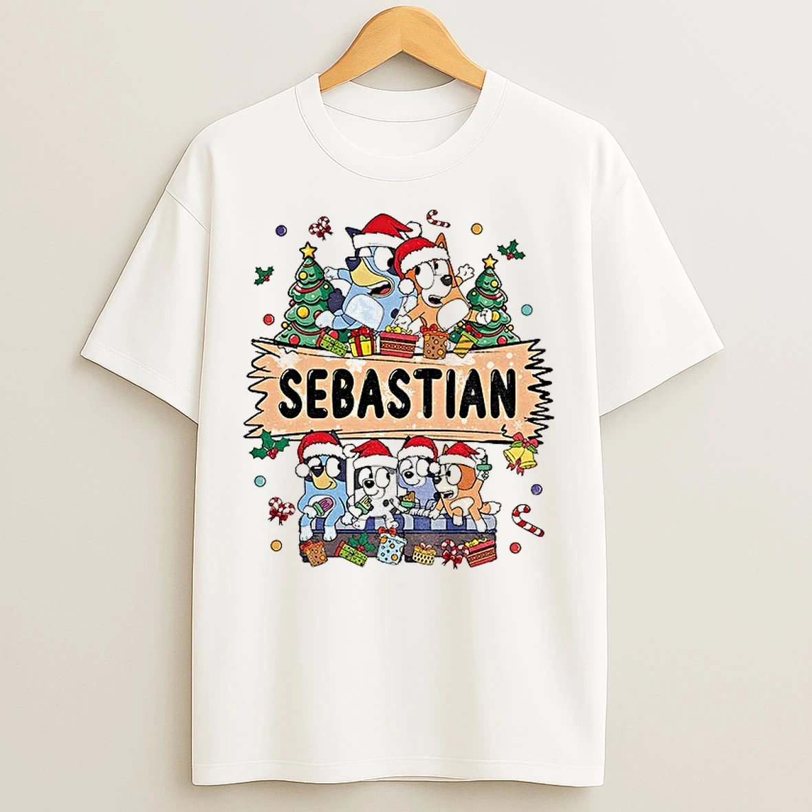 Classic Sebastian Bluey Family Santa Hat Merry Christmas T Shirts