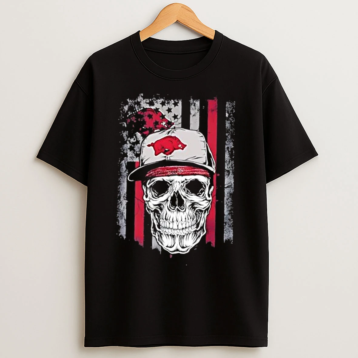 Classic Skull Wearing A Cap Arkansas Razorbacks Us Flag T Shirts