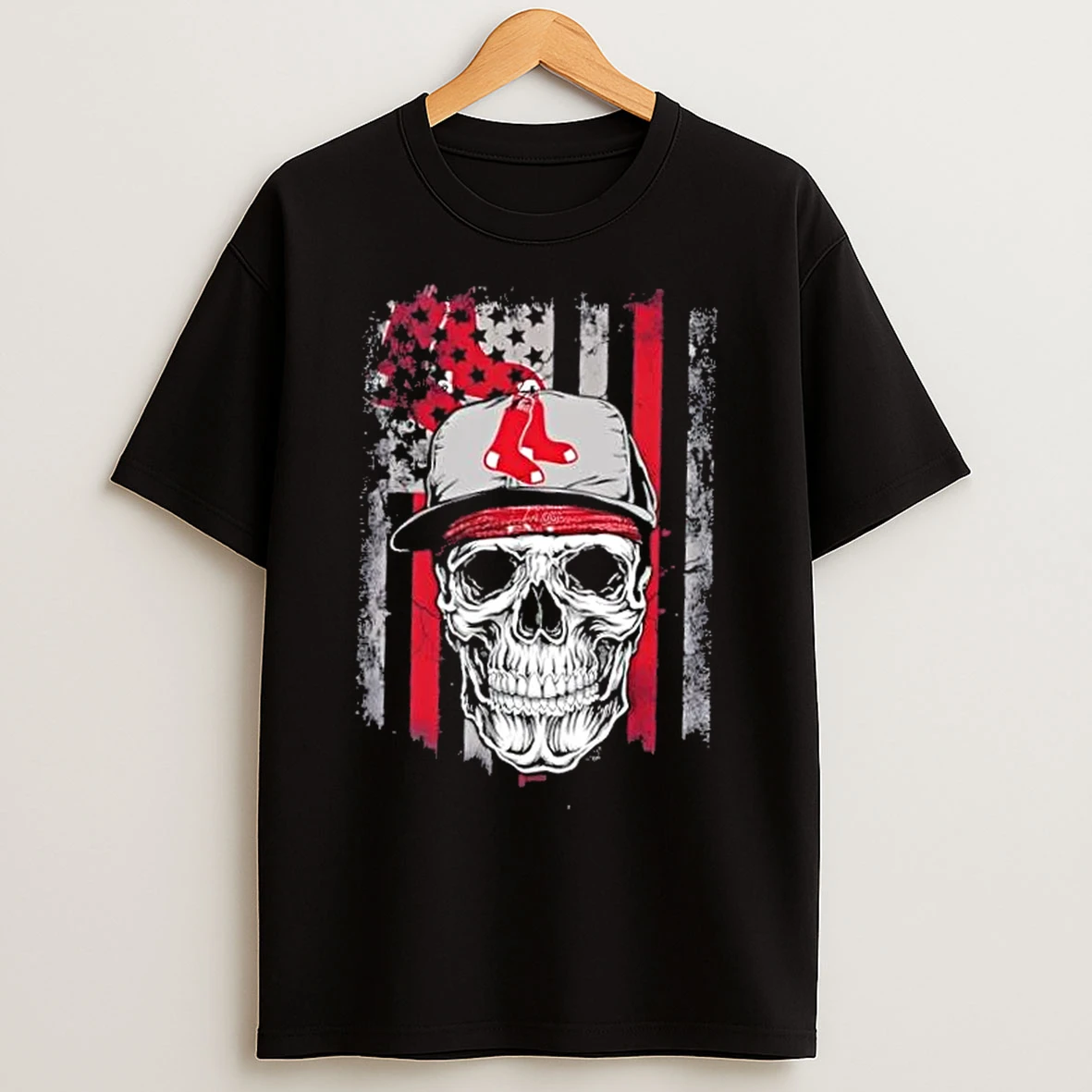 Classic Skull Wearing A Cap Boston Red Sox Us Flag T Shirts