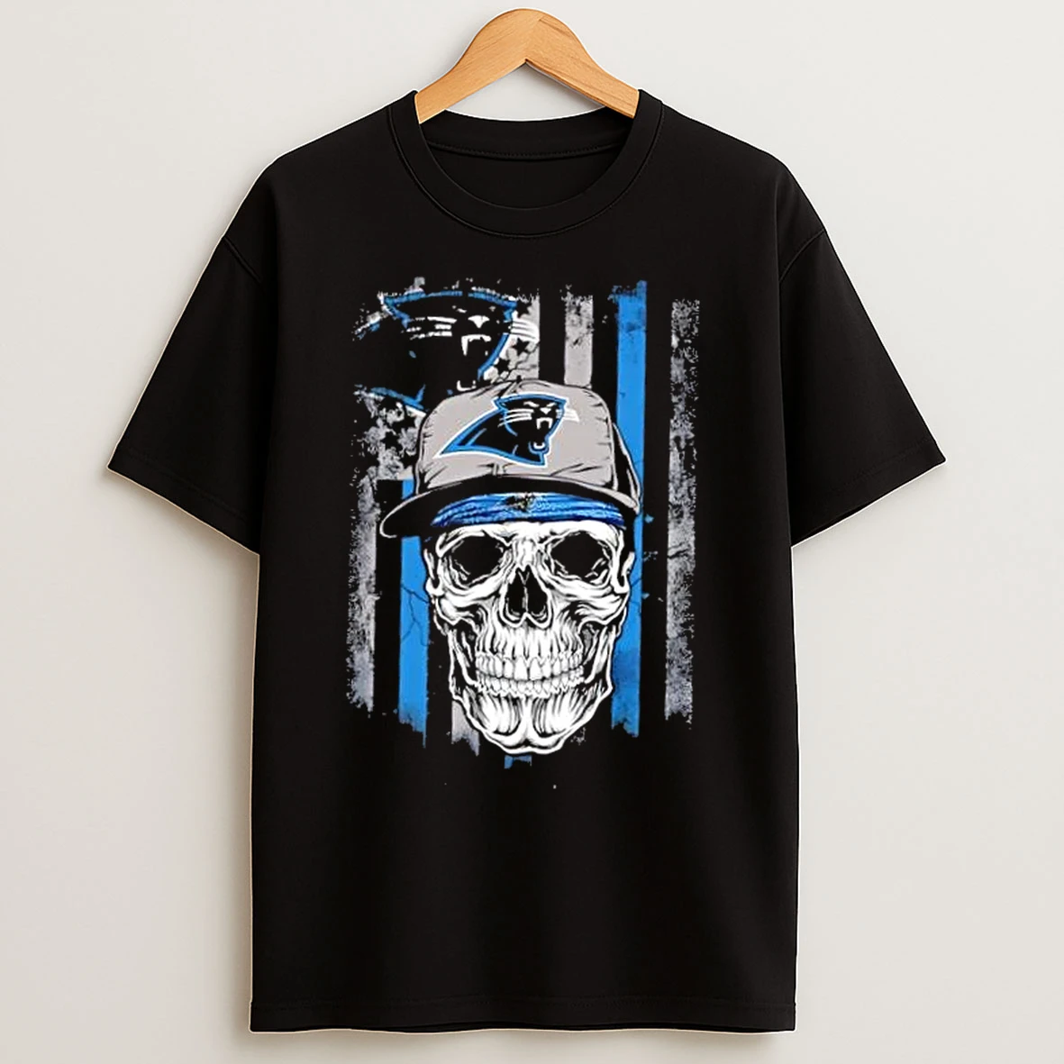 Classic Skull Wearing A Cap Carolina Panthers Us Flag T Shirts