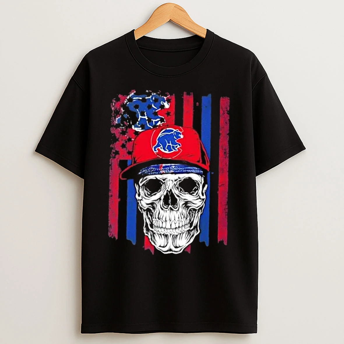 Classic Skull Wearing A Cap Chicago Cubs Us Flag T Shirts