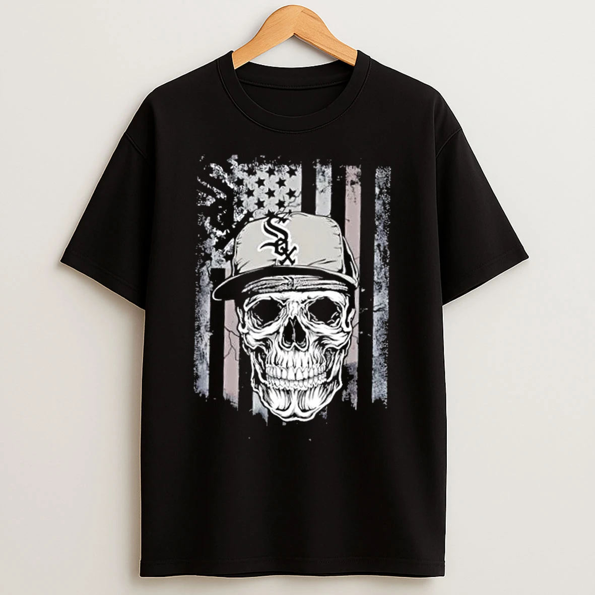 Classic Skull Wearing A Cap Chicago White Sox Us Flag T Shirts