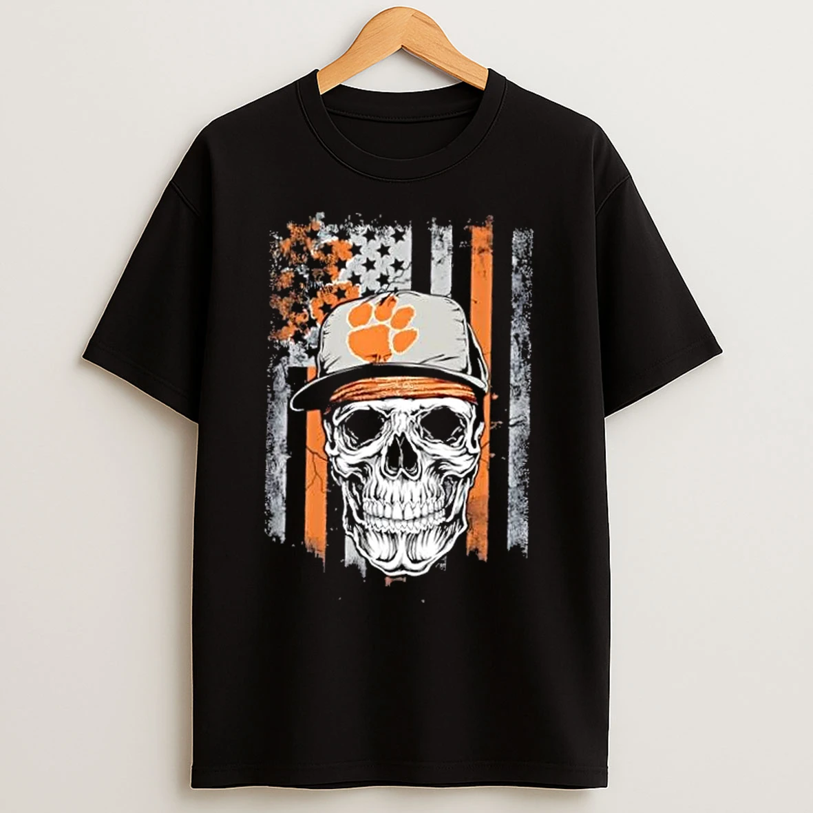 Classic Skull Wearing A Cap Clemson Tigers Us Flag T Shirts