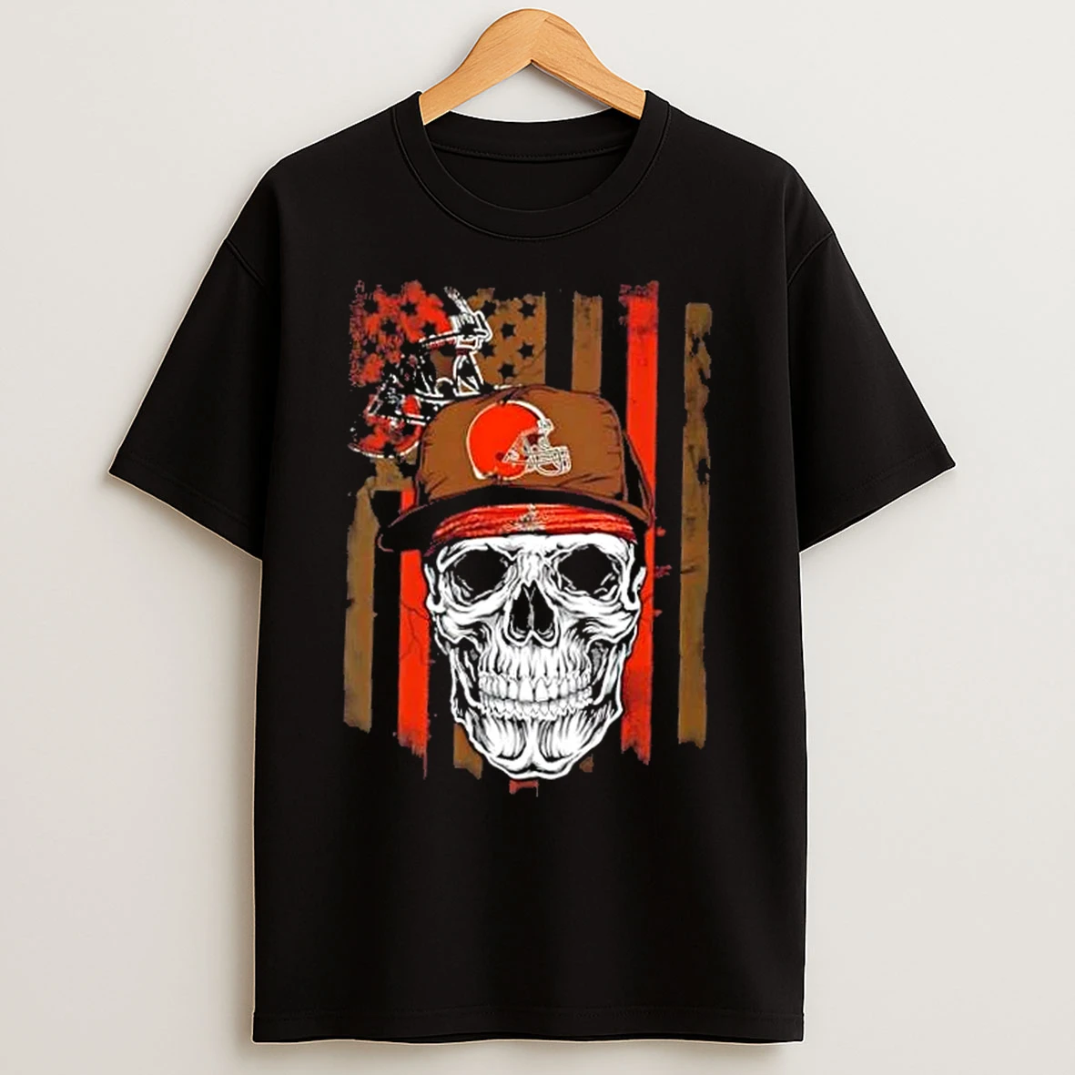 Classic Skull Wearing A Cap Cleveland Browns Us Flag T Shirts