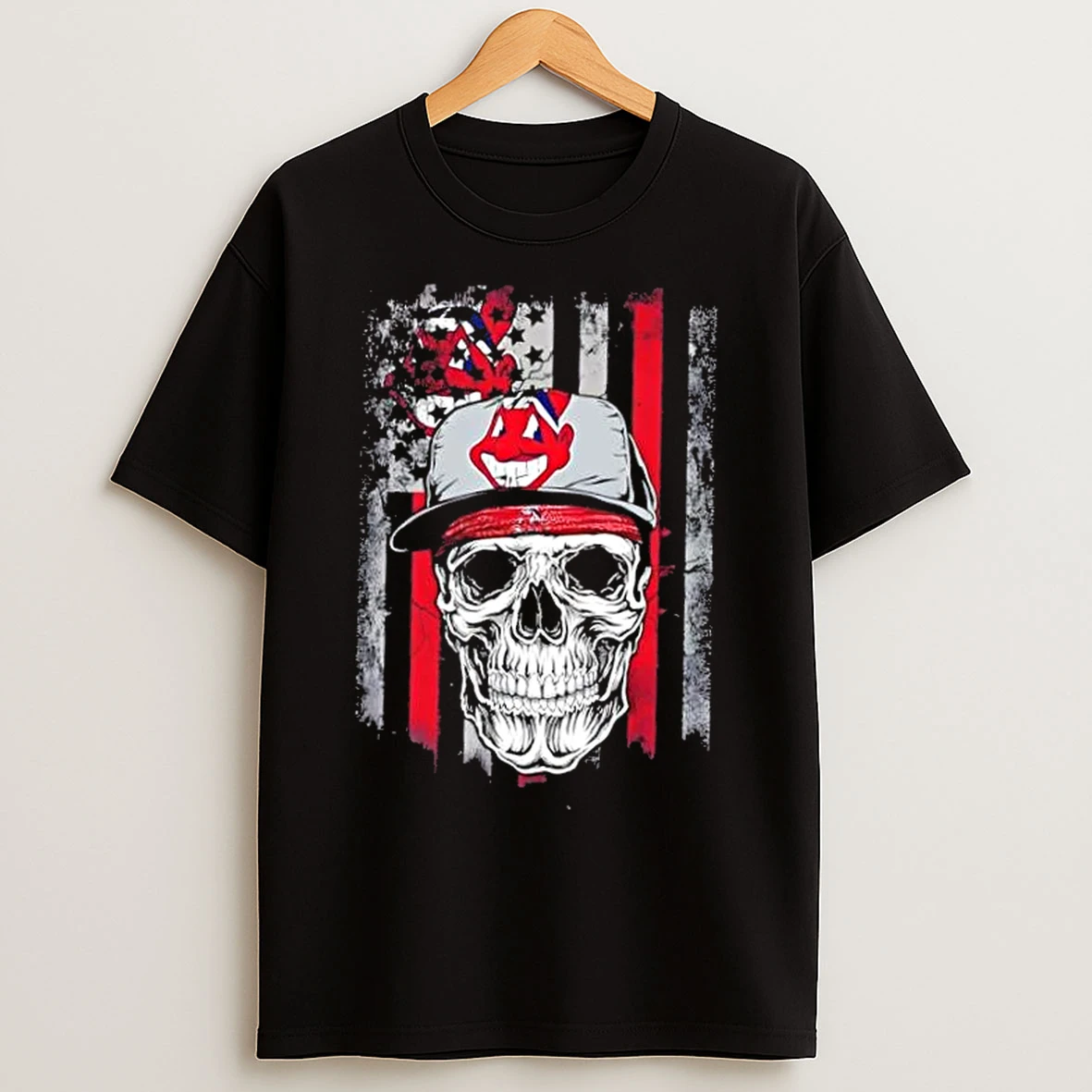 Classic Skull Wearing A Cap Cleveland Indians Us Flag T Shirts
