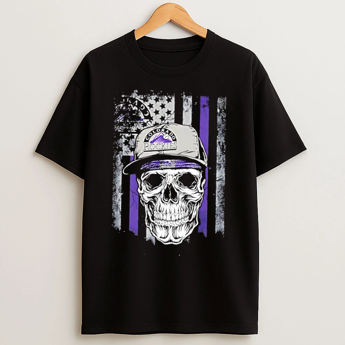 Classic Skull Wearing A Cap Colorado Rockies Us Flag T Shirts