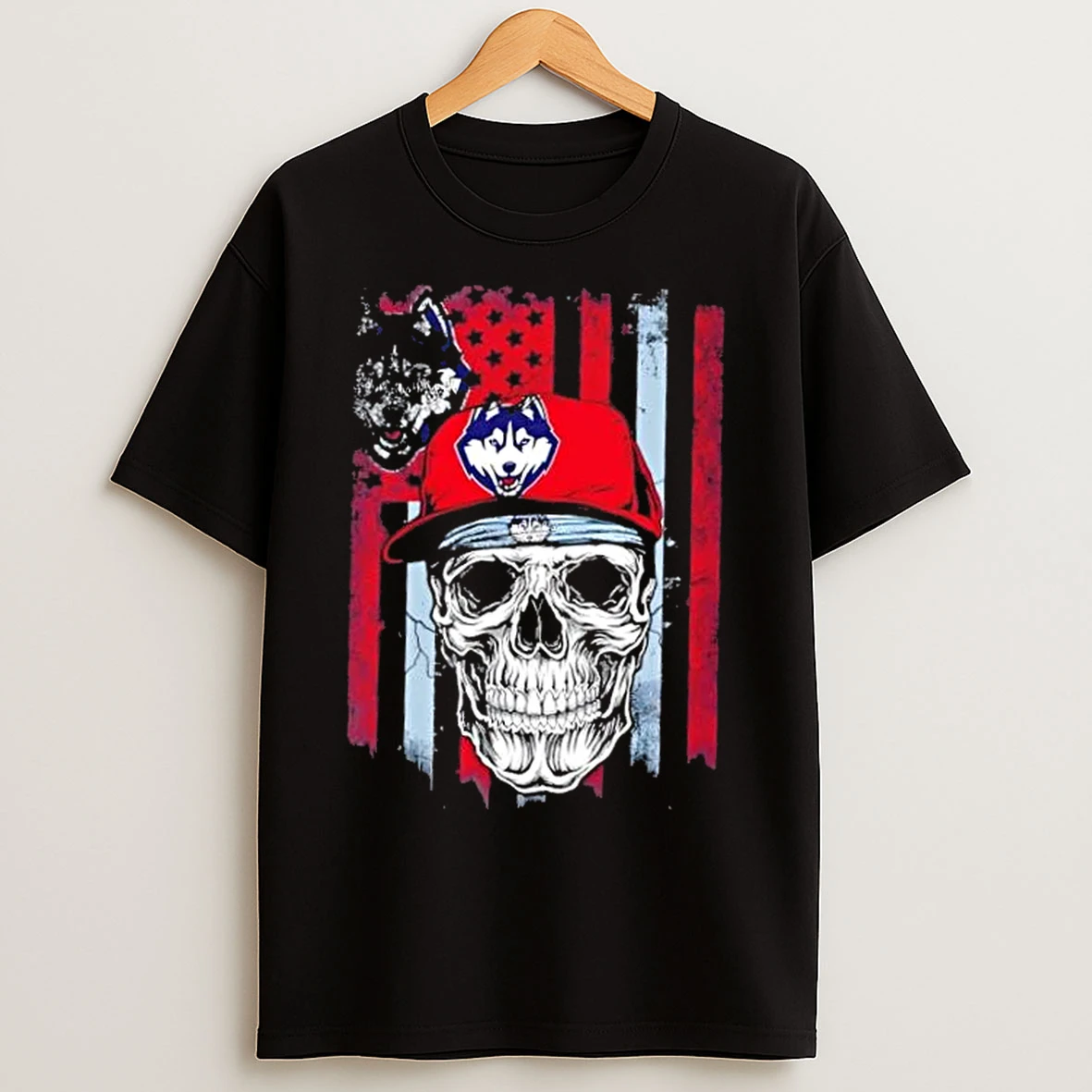Classic Skull Wearing A Cap Connecticut Huskies Us Flag T Shirts