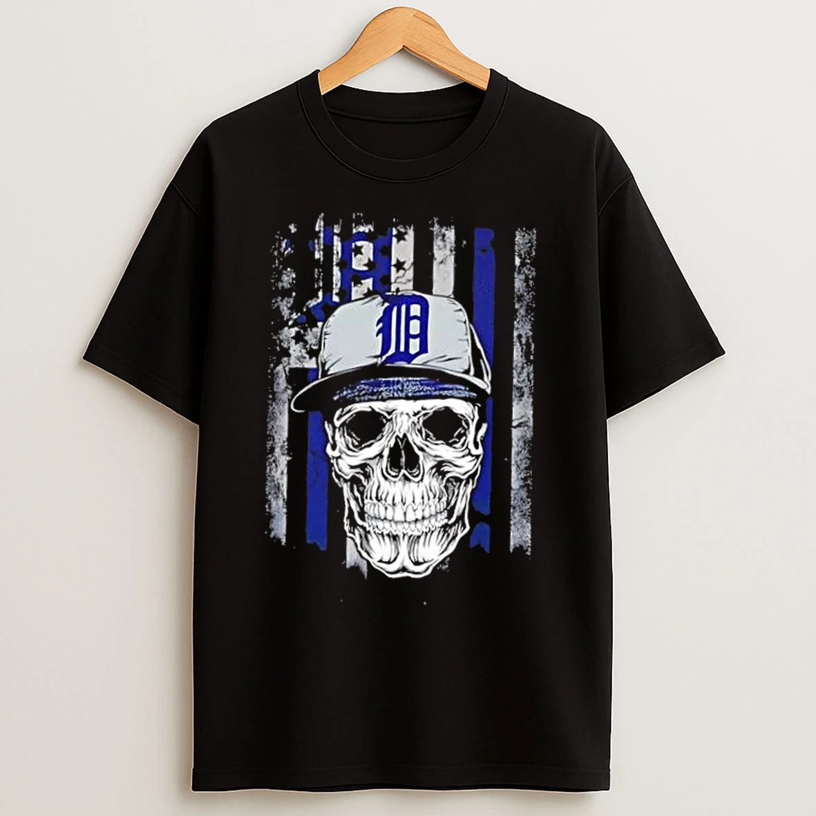 Classic Skull Wearing A Cap Detroit Tigers Us Flag T Shirts