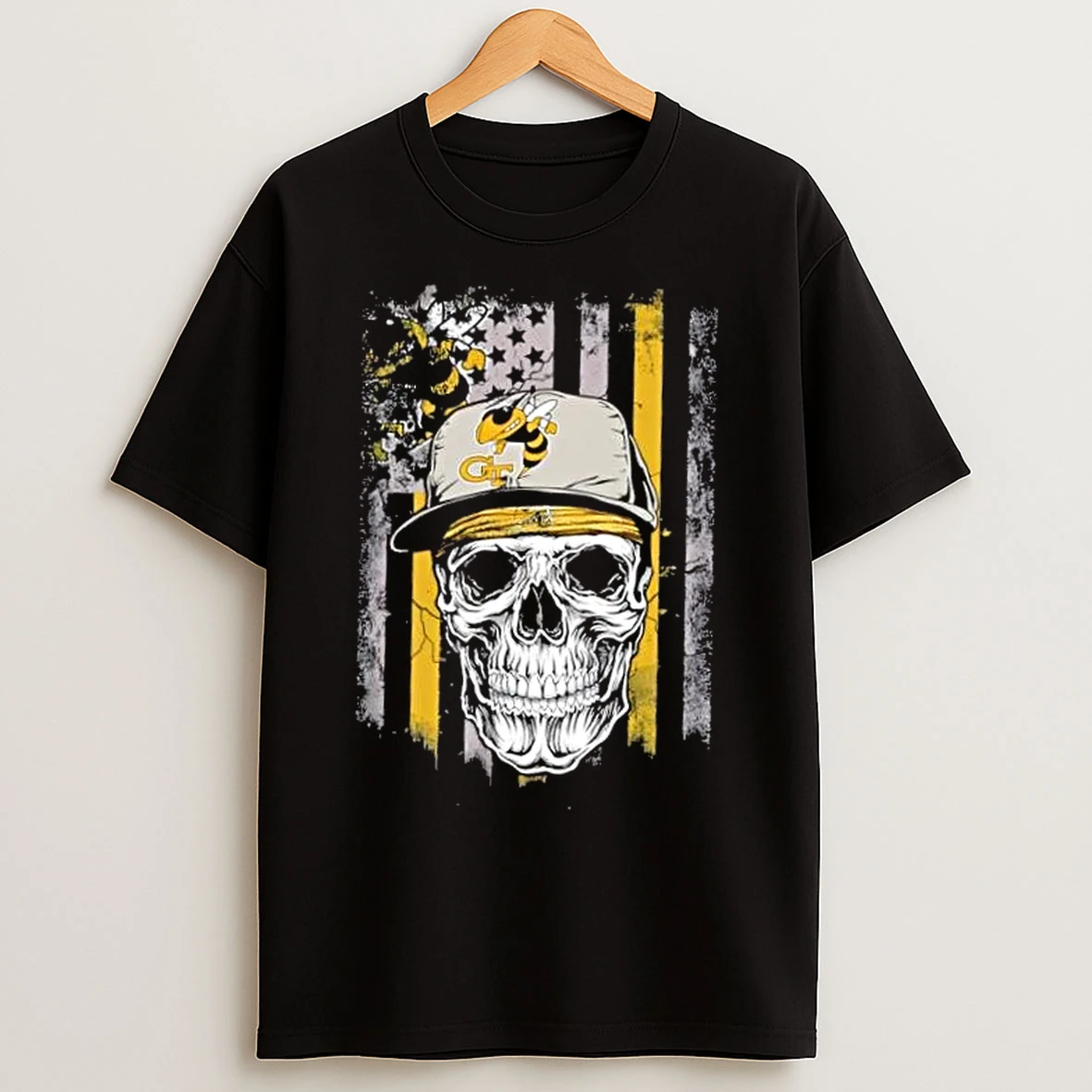 Classic Skull Wearing A Cap Georgia Tech Yellow Jackets Us Flag T Shirts