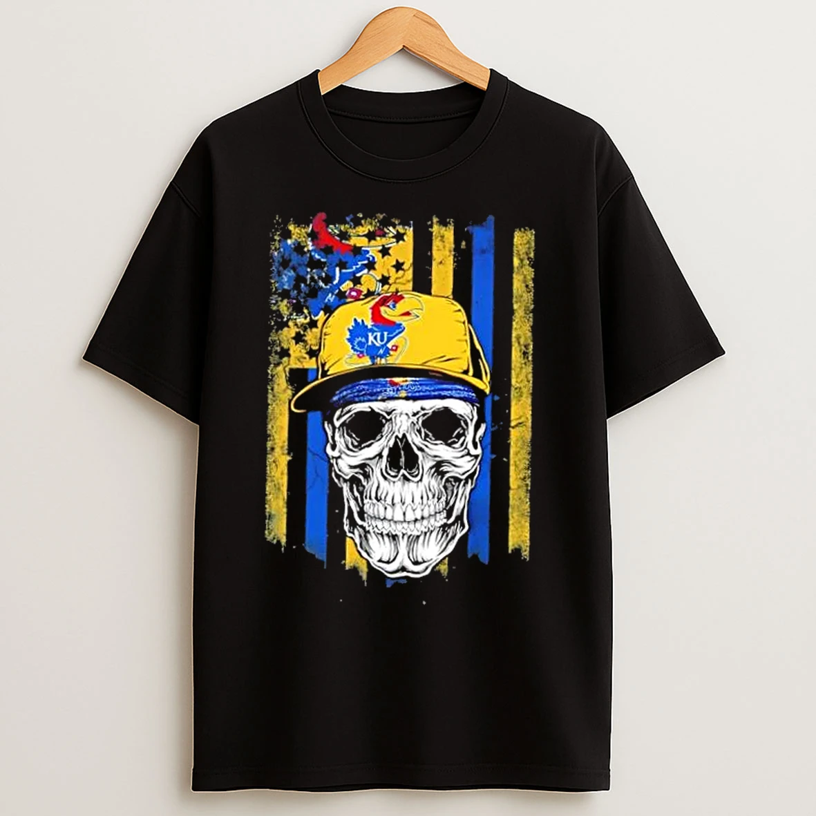 Classic Skull Wearing A Cap Kansas Jayhawks Us Flag T Shirts