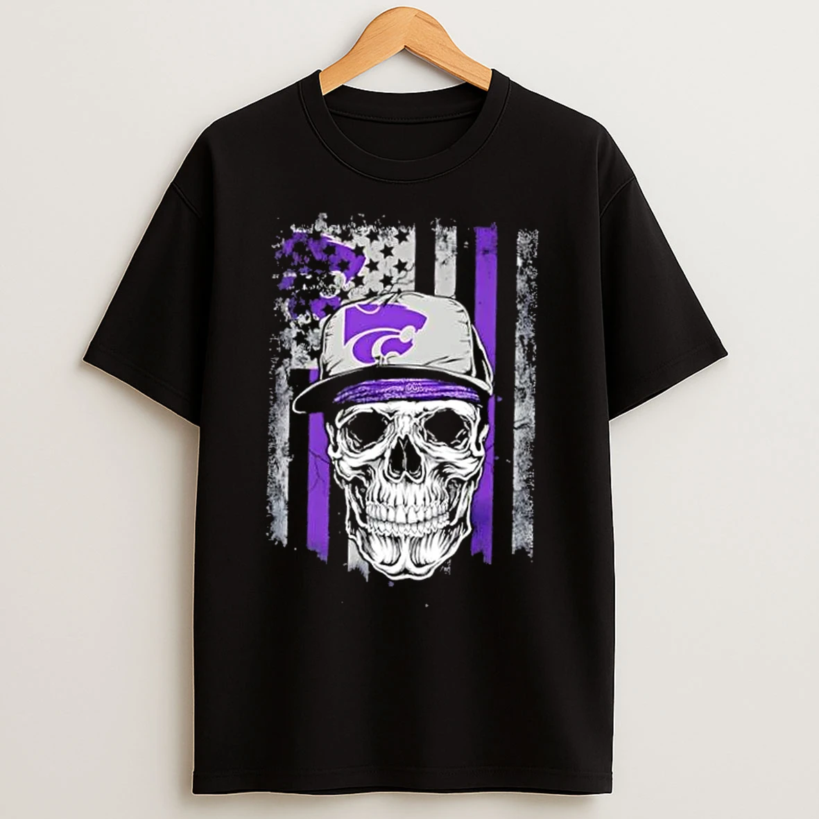 Classic Skull Wearing A Cap Kansas State Wildcats Us Flag T Shirts