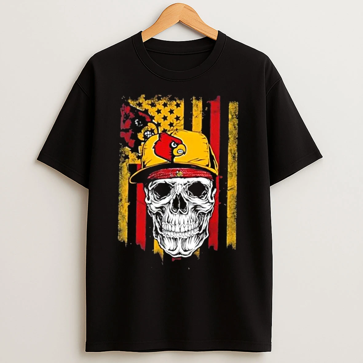 Classic Skull Wearing A Cap Louisville Cardinals Us Flag T Shirts