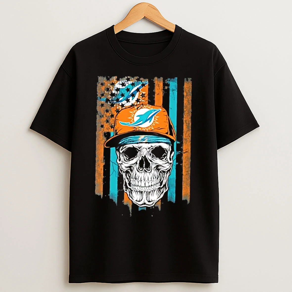 Classic Skull Wearing A Cap Miami Dolphins Us Flag T Shirts