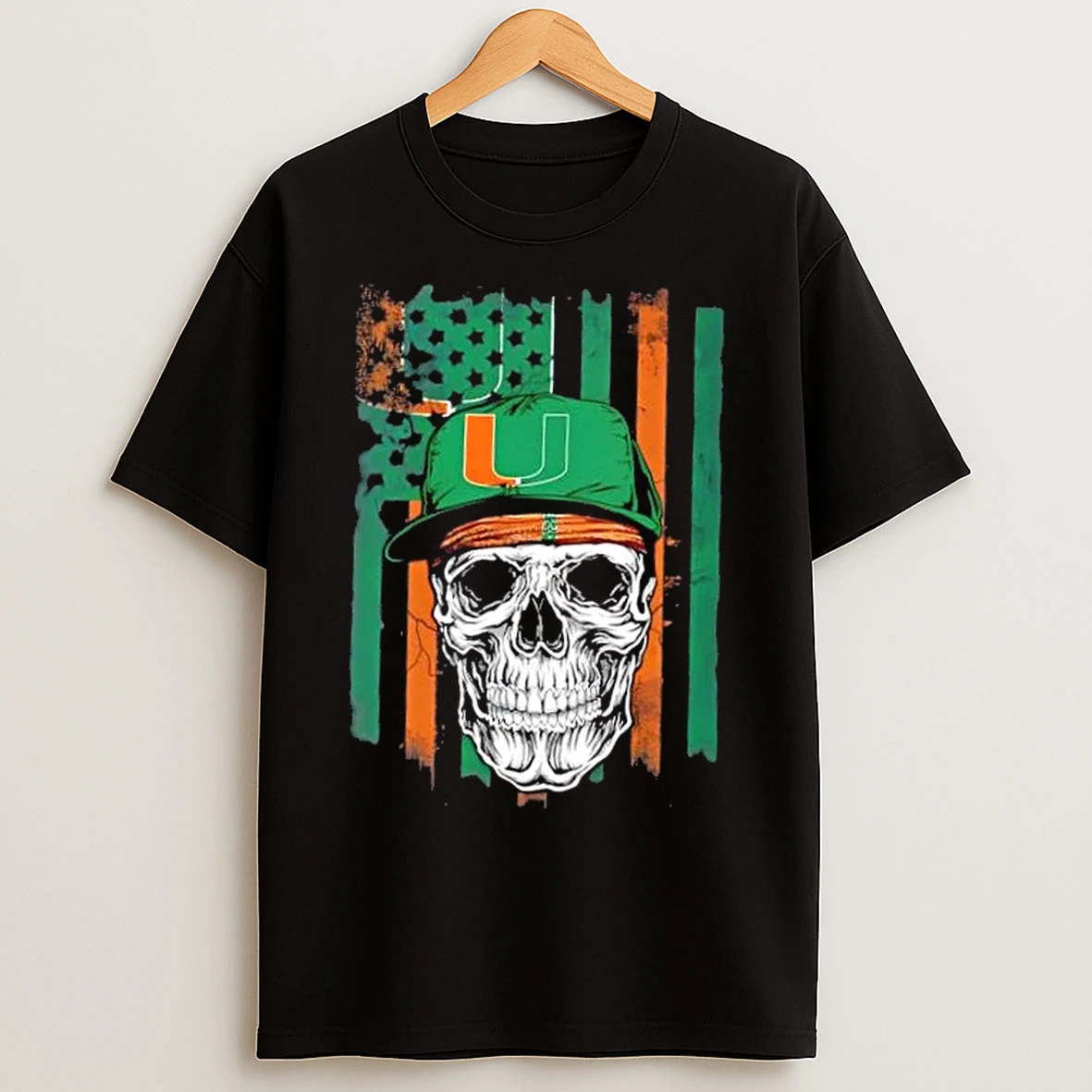 Classic Skull Wearing A Cap Miami Hurricanes Us Flag T Shirts