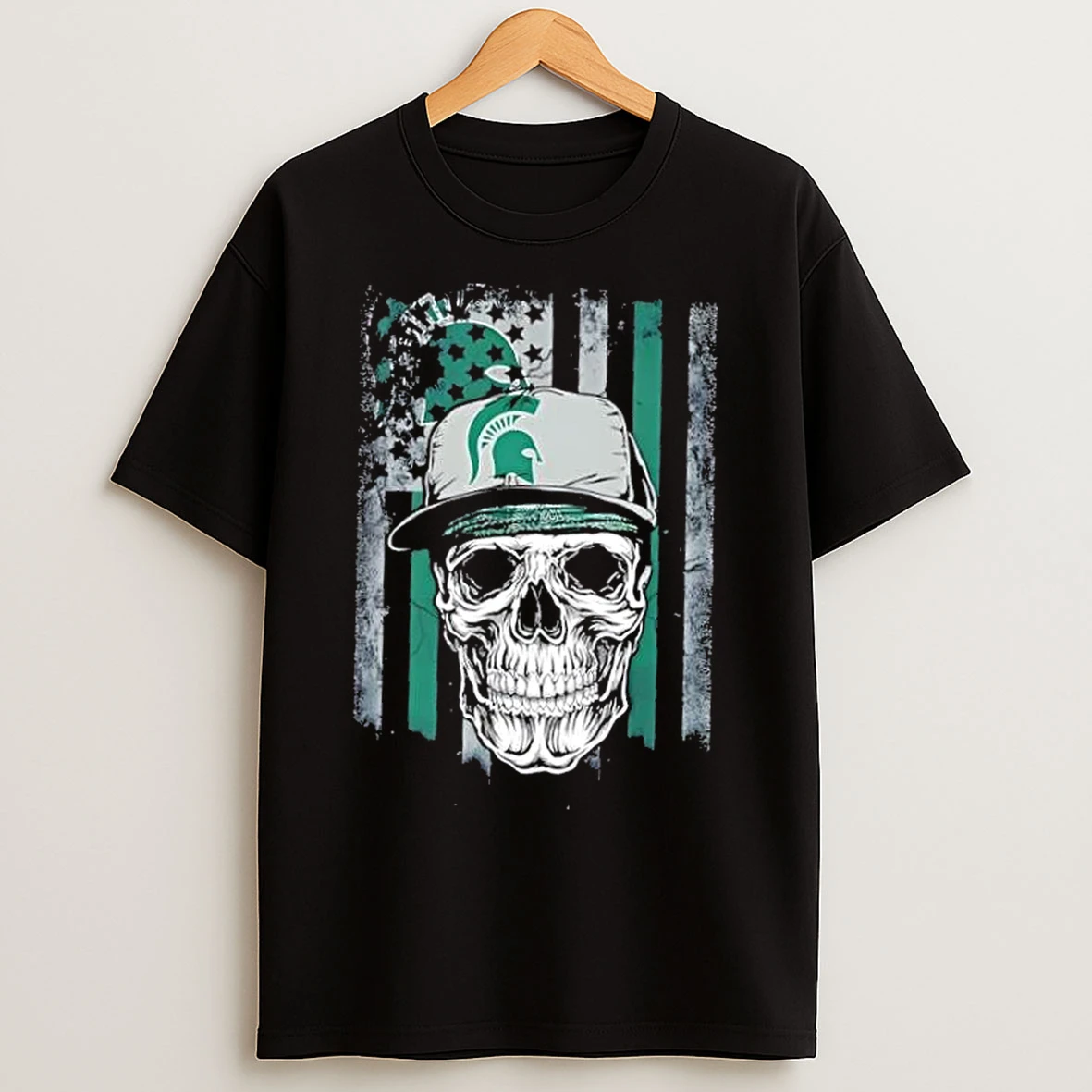 Classic Skull Wearing A Cap Michigan State Spartans Us Flag T Shirts