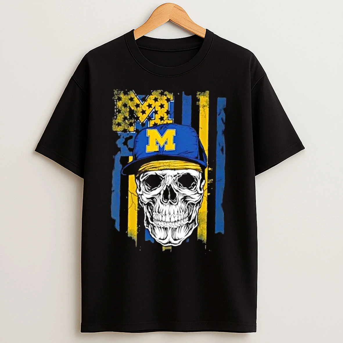 Classic Skull Wearing A Cap Michigan Wolverines Us Flag T Shirts