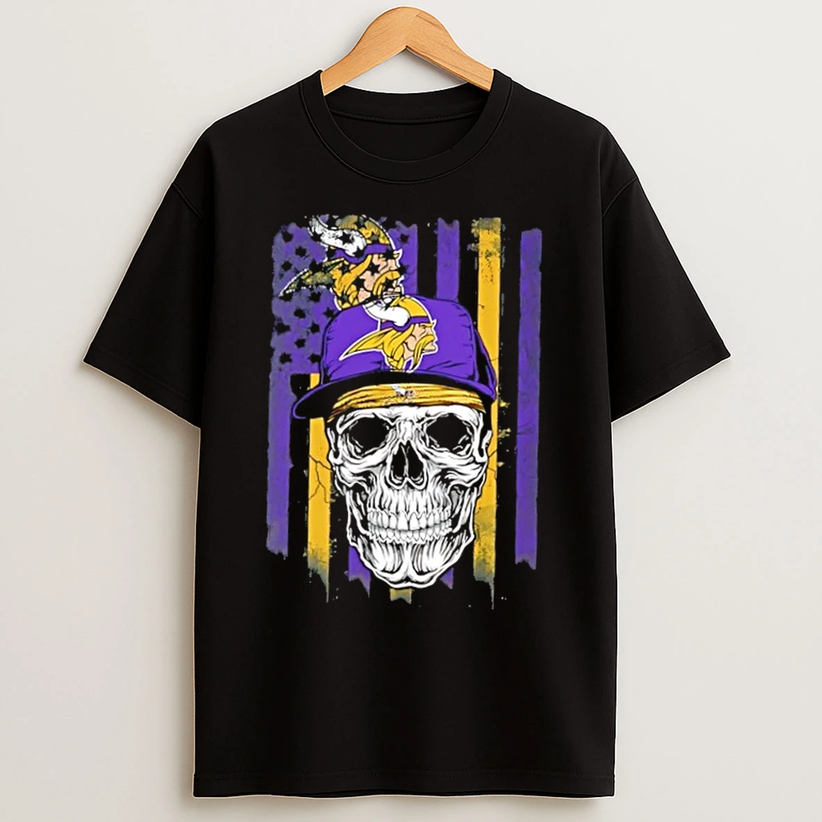 Classic Skull Wearing A Cap Minnesota Vikings Us Flag T Shirts