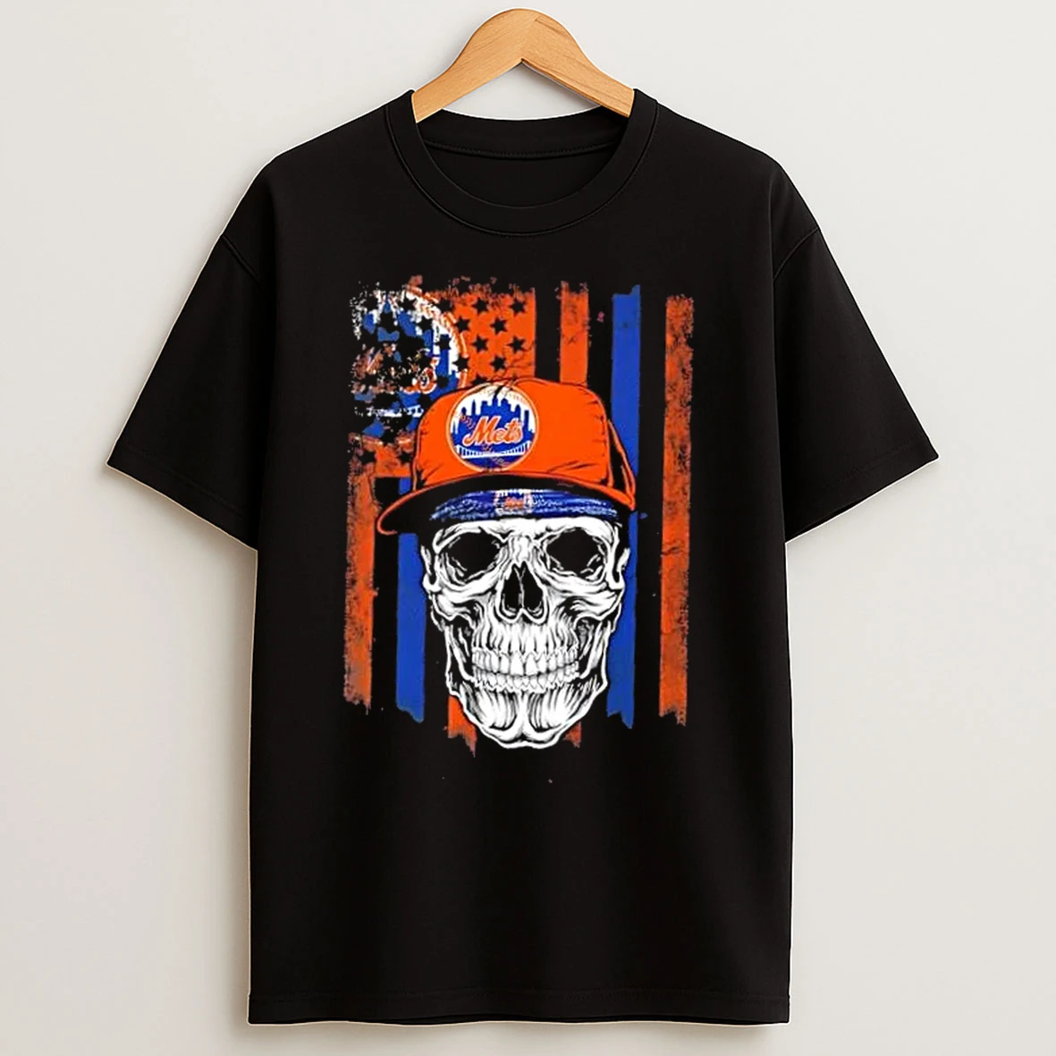 Classic Skull Wearing A Cap New York Mets Us Flag T Shirts