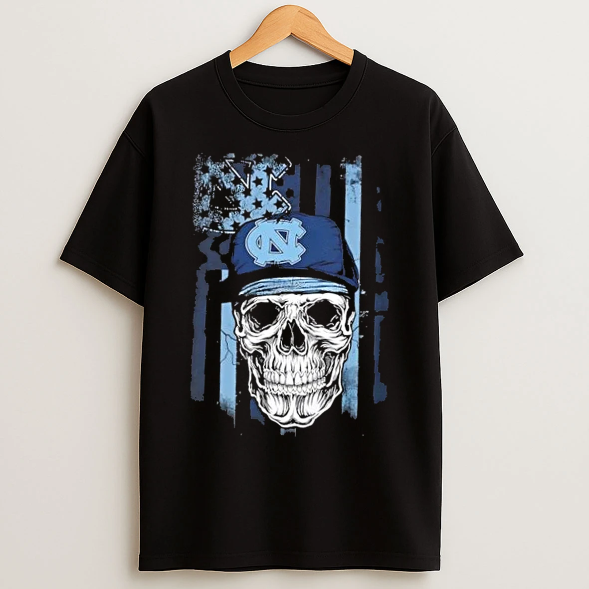Classic Skull Wearing A Cap North Carolina Tar Heels Us Flag T Shirts