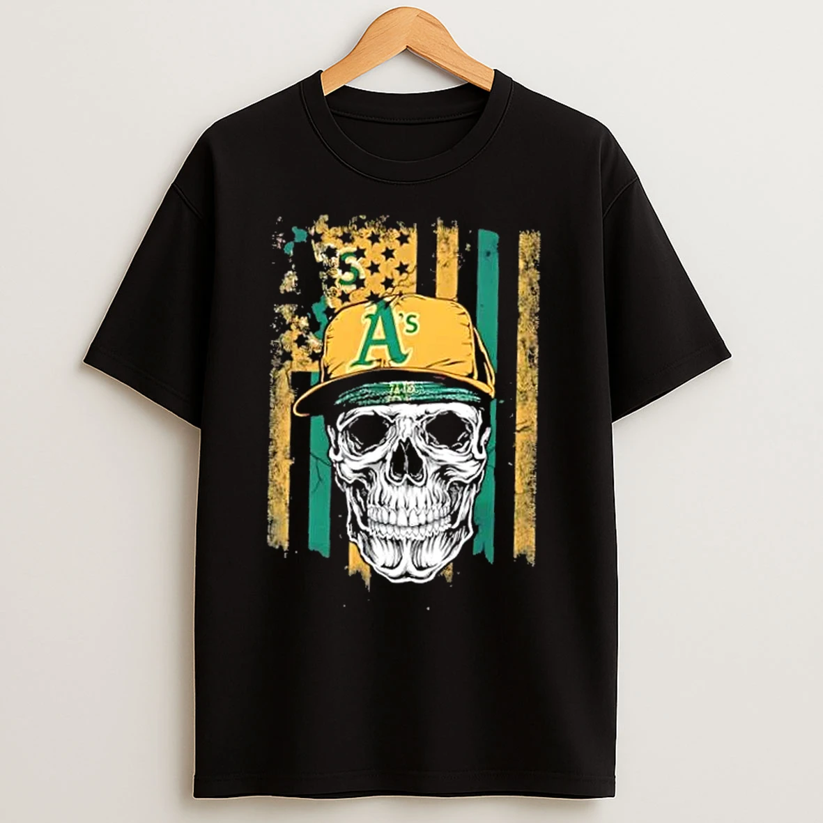 Classic Skull Wearing A Cap Oakland Athletics Us Flag T Shirts