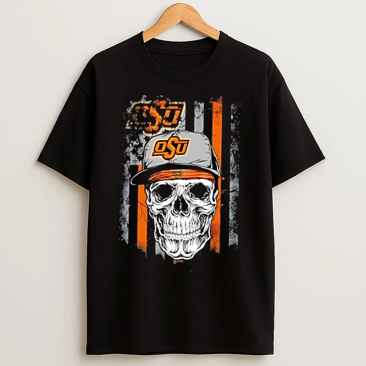 Classic Skull Wearing A Cap Oklahoma State Cowboys Us Flag T Shirts