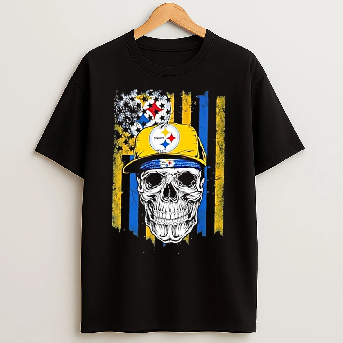 Classic Skull Wearing A Cap Pittsburgh Steelers Us Flag T Shirts