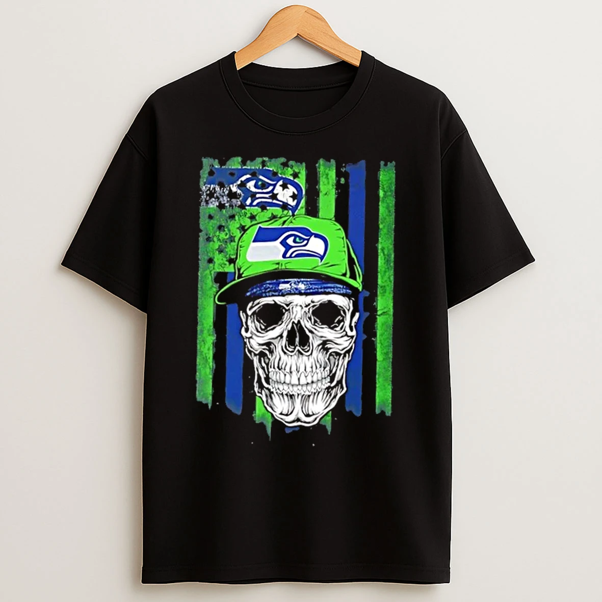 Classic Skull Wearing A Cap Seattle Seahawks Us Flag T Shirts