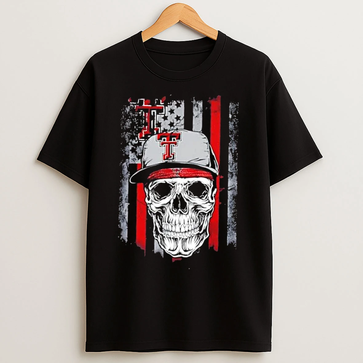 Classic Skull Wearing A Cap Texas Tech Red Raiders Us Flag T Shirts
