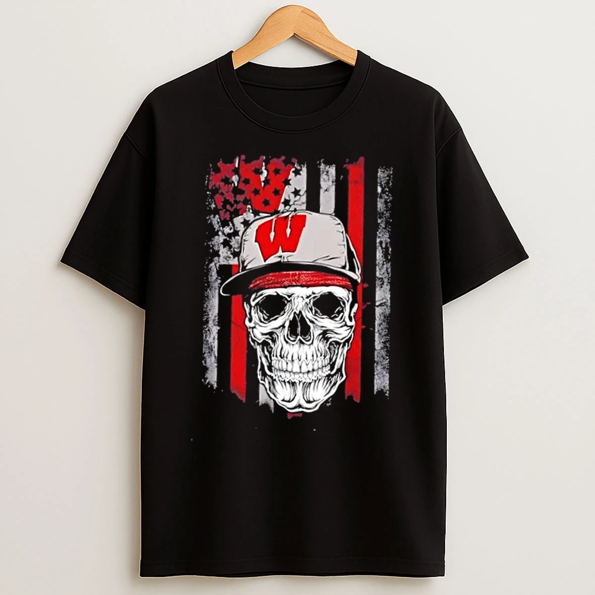 Classic Skull Wearing A Cap Wisconsin Badgers Us Flag T Shirts