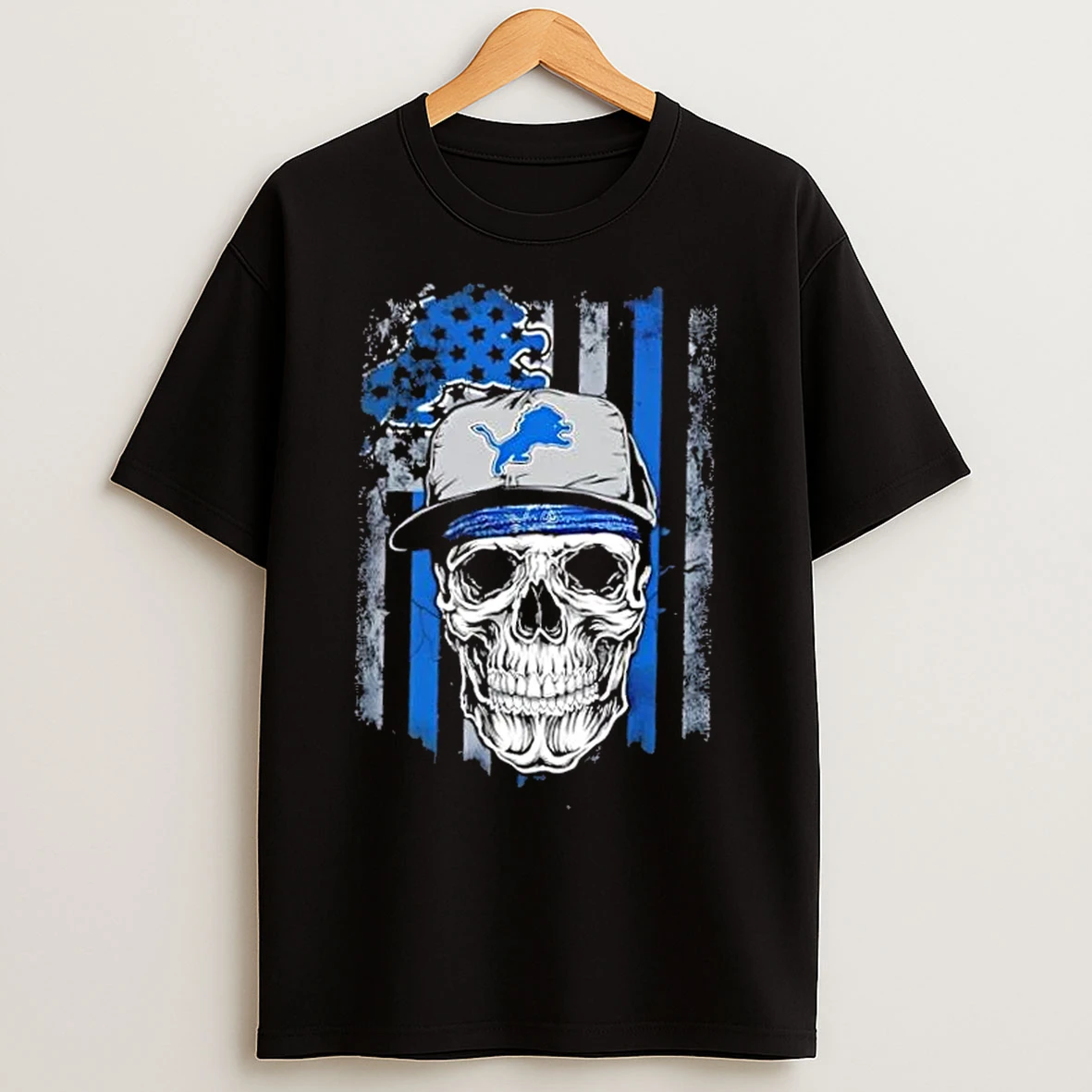 Classic Skull Wearing A Cap X Detroit Lions Us Flag T Shirts