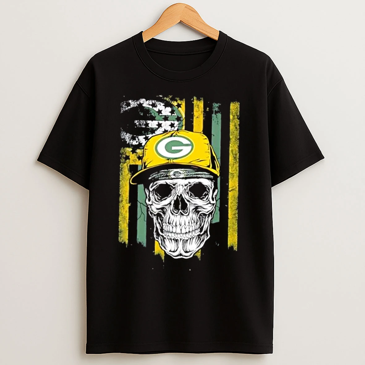 Classic Skull Wearing A Cap X Green Bay Packers Us Flag T Shirts