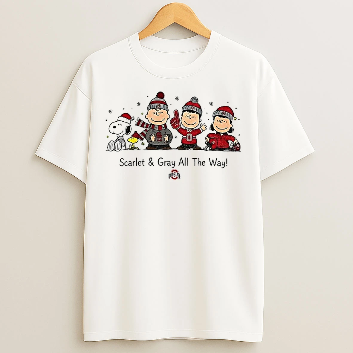 Classic Snoopy Ohio State Buckeyes Football Scarlet And Gray All The Way Christmas T Shirts