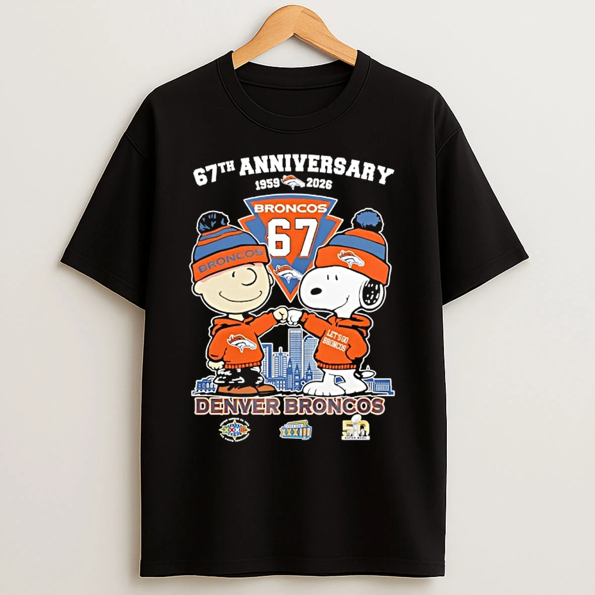 Classic Snoopy And Charlie Brown Denver Broncos Football 67th Anniversary 67 Seasons T Shirts
