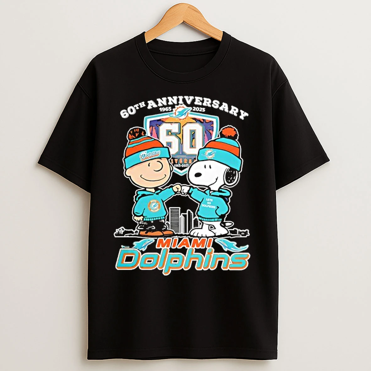 Classic Snoopy And Charlie Brown Miami Dolphins Football 60th Anniversary 1965 2025 T Shirts