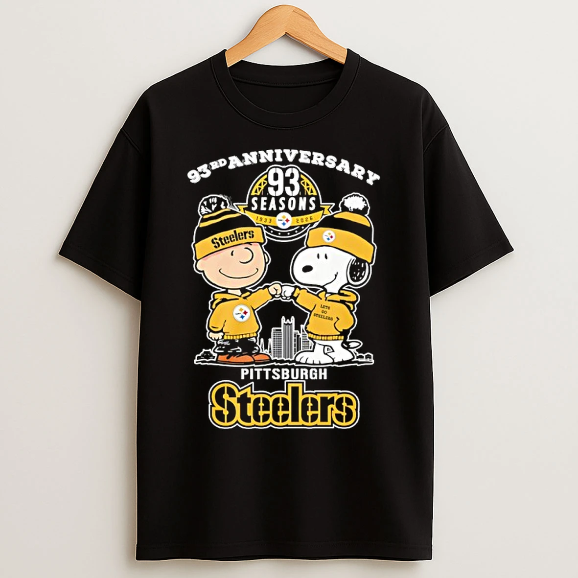 Classic Snoopy And Charlie Brown Pittsburgh Steelers Football 93rd Anniversary 93 Seasons T Shirts