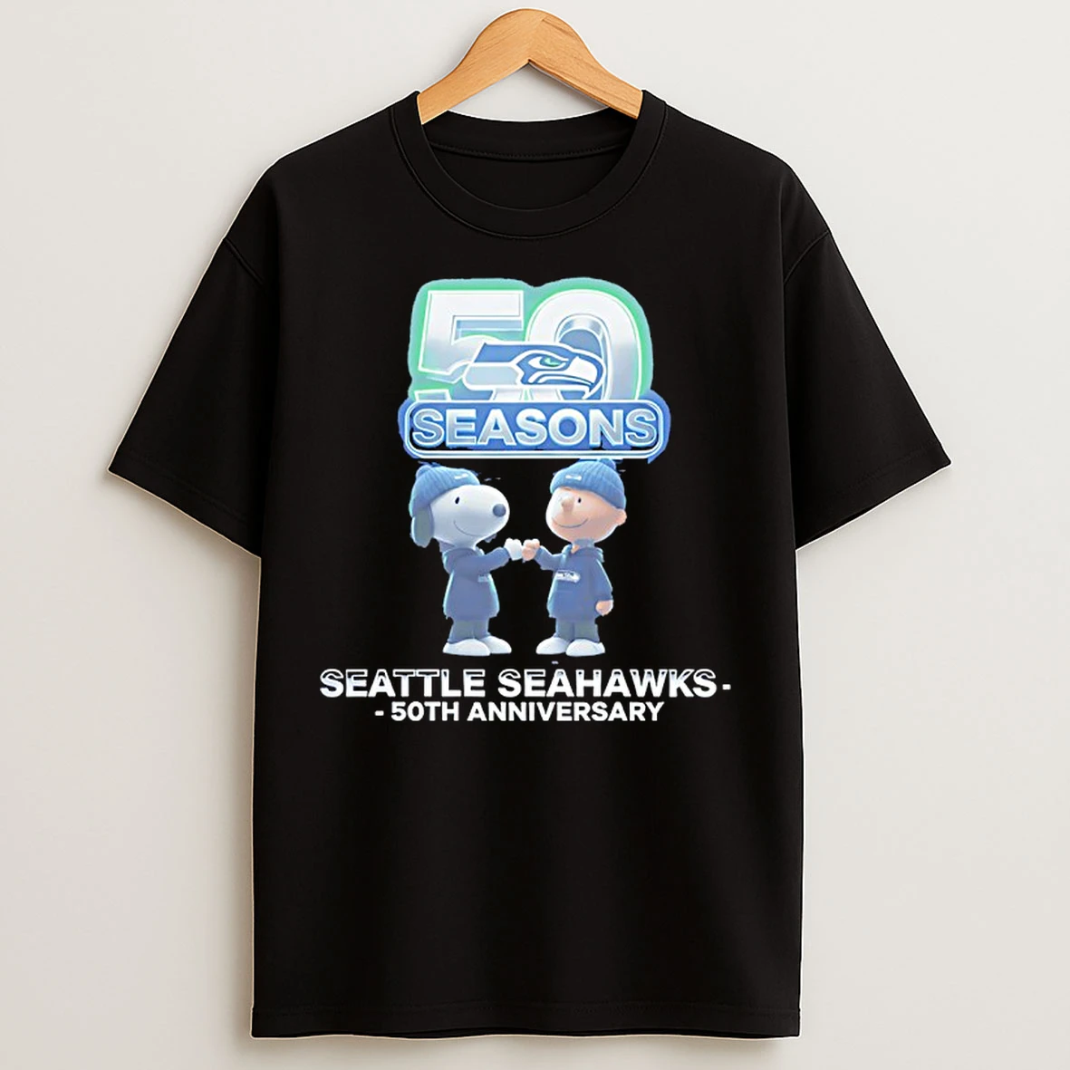 Classic Snoopy And Charlie Brown Seattle Seahawks 50th Anniversary 1976 2026 T Shirts