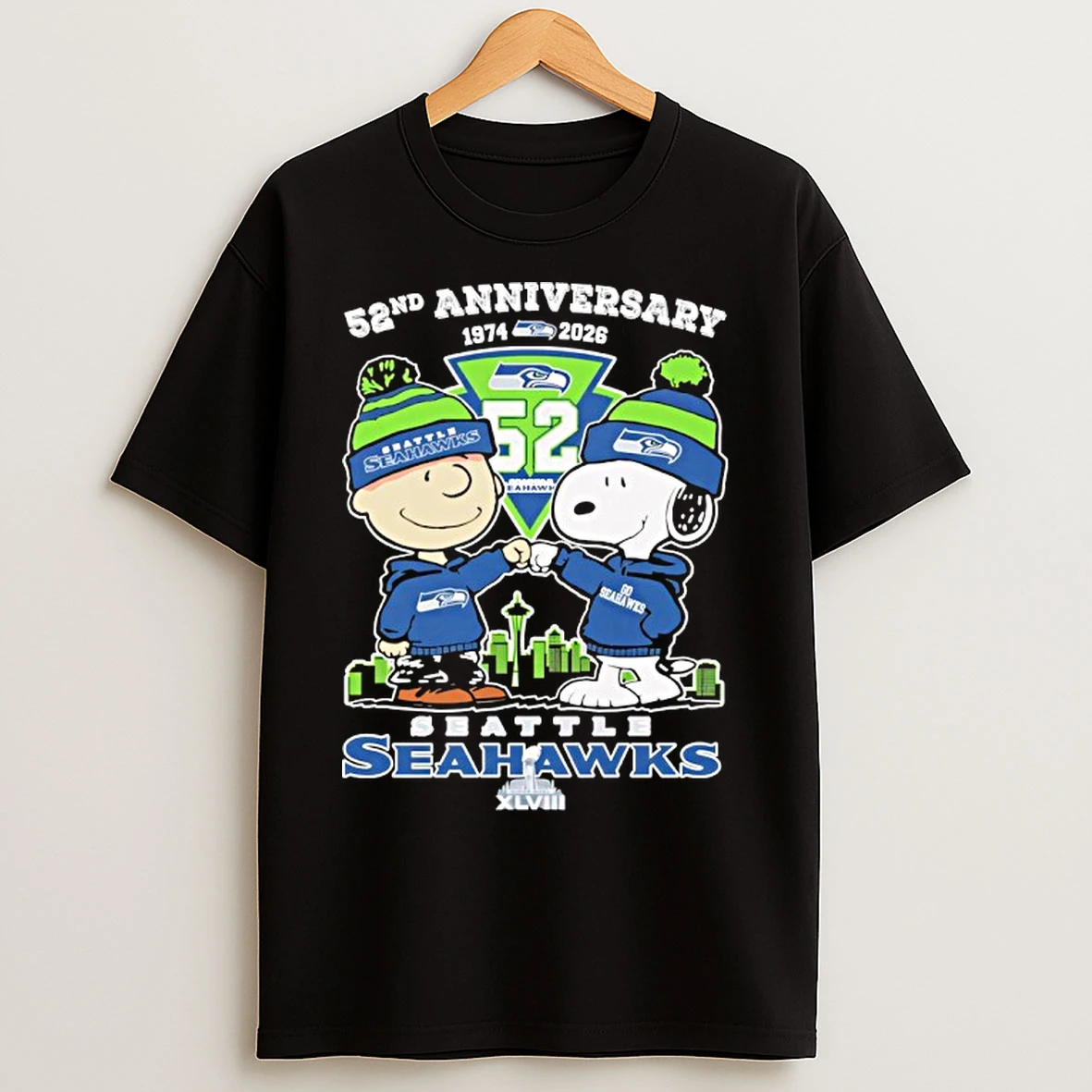 Classic Snoopy And Charlie Brown Seattle Seahawks 52nd Anniversary 1974 2026 Thank You T Shirts