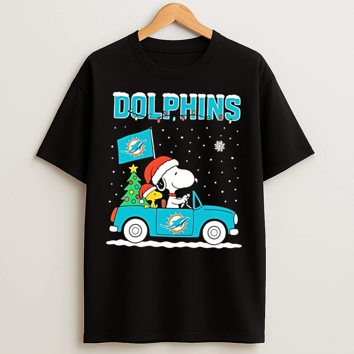 Classic Snoopy And Woodstock Santa Christmas Miami Dolphins On By Car T Shirts