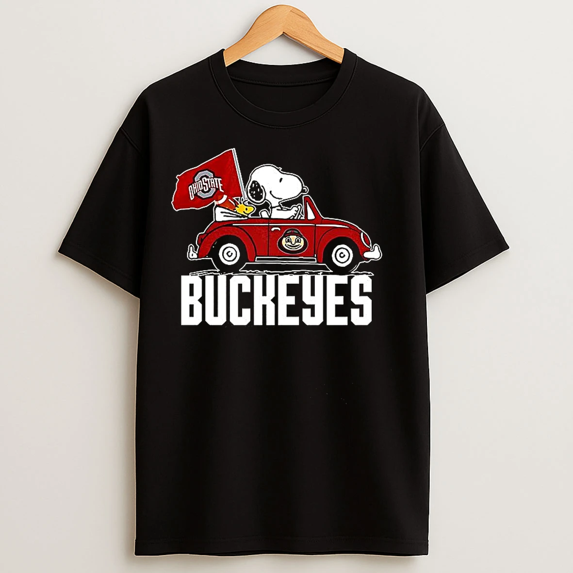 Classic Snoopy And Woodstock Driving Car With Ohio State Buckeyes Flag T Shirts